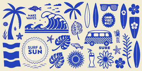 Retro surfing and beach elements collage with palm trees waves and van