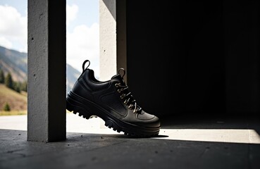 A black hiking boot resting on a concrete surface with sunlight casting shadows nearby