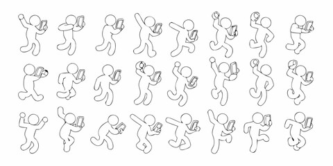 Collection of simple line art figures in various dynamic poses using a smartphone or mobile device