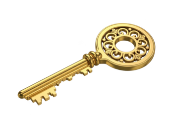 Antique golden key isolated on transparent background