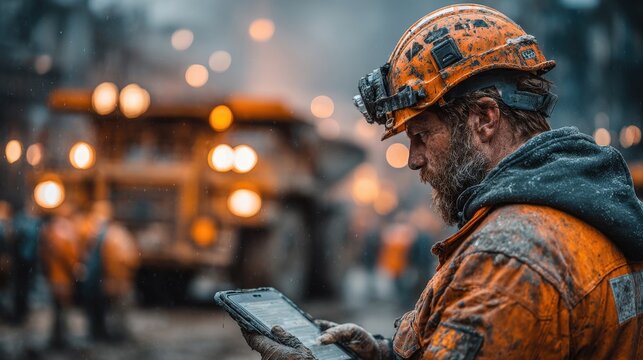 Construction Worker Using Tablet at Job Site Amid Heavy Machinery with Blurry Background