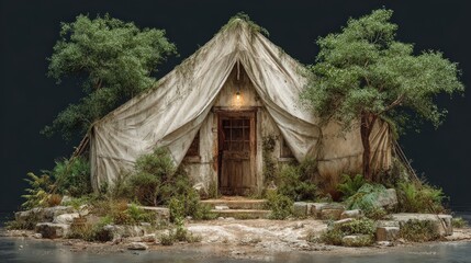 Rustic tent dwelling with greenery and wooden door set against a dark background