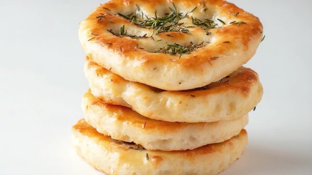 A stack of four breads topped with fresh herbs, perfect for snacking or as a garnish