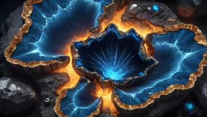 Molten Golden Flame Geode Cross-Section with Electric-Blue Circuit Veins