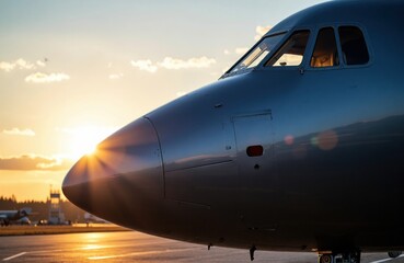 Obraz premium A commercial airplane parked on the runway during sunset with a clear sky