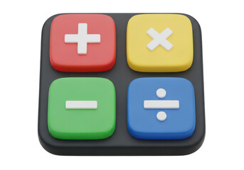 Obraz premium Calculator buttons with plus, minus, multiply, divide symbols isolated on transparent background