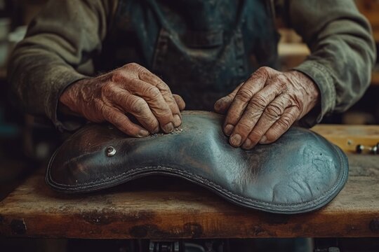 Weathered craftsman's hands meticulously work on a dark, textured leather saddle, showcasing dedication to traditional artisanal skill and detailed craftsmanship.