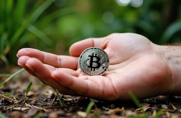 A person holding a physical Bitcoin coin outdoors among green plants and soil