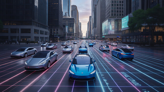 Futuristic City Intersection at With Cars on Glowing with Information. Neon Grid Lines and Digital Pathways Visualization of Data Transfer. Autonomous Cars Navigate the Complex Traffic System.