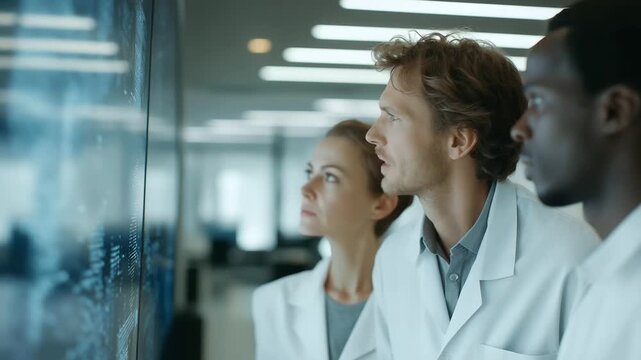 diverse group of psychologists collaborating over interactive wall display analyzing anonymized data subtle projector hum digital innovation in therapy three quarter wide angle