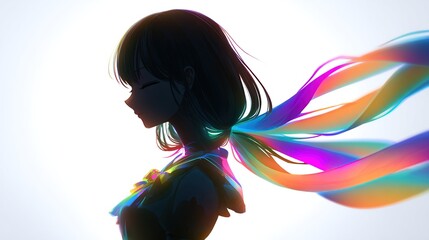Silhouette of a young woman with long hair flowing into a colorful rainbow, set against a bright light