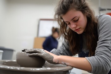 A focused young woman intently shapes a clay pot on a spinning pottery wheel, her hands covered in mud, creating beautiful ceramic art.