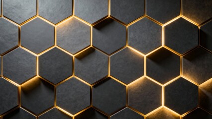 A close-up view of a modern, textured surface featuring hexagonal patterns with glowing golden edges against a dark background.