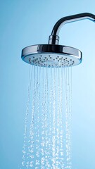 Refreshing Shower Head with Flowing Water on Blue Background.