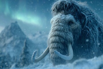 Majestic woolly mammoth portrait under the aurora borealis evokes ancient wilderness and prehistoric wonder, perfect for documentaries and historical fiction