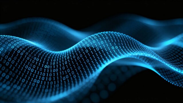 A digital wave composed of binary code, glowing in blue against a black background, symbolizing data flow and technology.