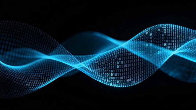 A digital wave of binary code forms a flowing, luminous pattern against a black background, symbolizing data transmission and technology.