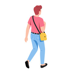 Illustration of a person walking with a yellow bag over their shoulder.