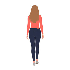 Woman with long hair wearing a red shirt and dark pants.