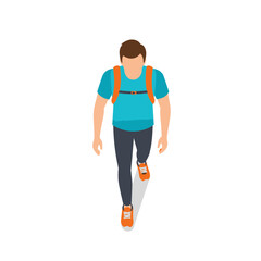 Top-down view of a man wearing a backpack and walking forward.