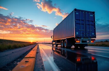 Fototapeta premium A large blue truck drives along a wet highway at sunset with colorful clouds in the sky