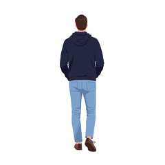 Back view of a man in a hoodie and jeans walking away.