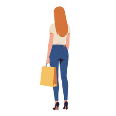 Woman with shopping bag standing with her back turned.