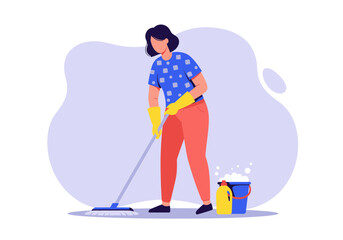 Woman mopping the floor with a bucket of soapy water.