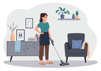 Woman vacuuming the living room with furniture and plants in the background.