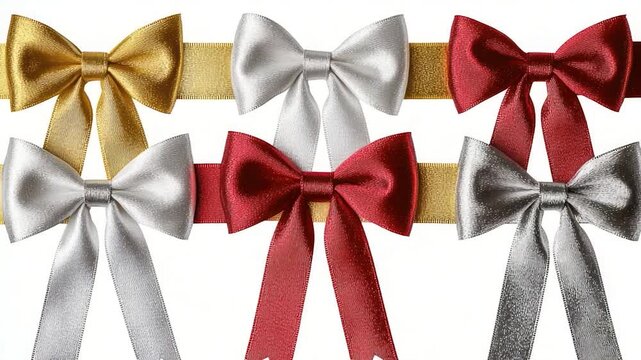A collection of colorful bows arranged on a plain white surface