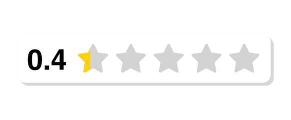 Rating bar with numeric label 0.4 in flat white rectangular style, extremely poor feedback score showing 0.4 stars, PNG with transparent background