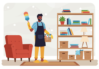 Man cleaning a room with a duster and cleaning supplies.