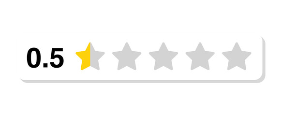 Rating bar with numeric label 0.5 in flat white rectangular style, half star customer review...