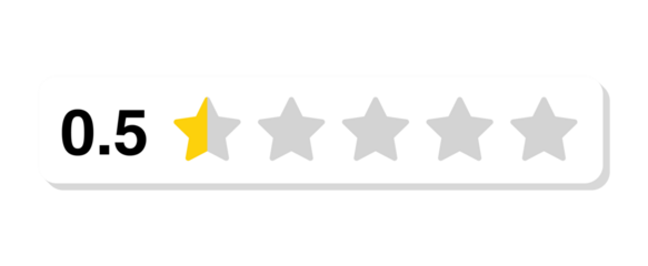 Rating bar with numeric label 0.5 in flat white rectangular style, half star customer review feedback score for poor satisfaction, PNG with transparent background