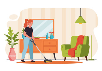 Woman vacuuming the living room with furniture and decorations.