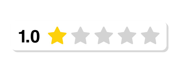 Rating bar with numeric label 1.0 in flat white rectangular style, one star customer review feedback score for lowest satisfaction and quality, PNG with transparent background