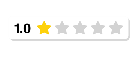 Rating bar with numeric label 1.0 in flat white rectangular style, one star customer review feedback score for lowest satisfaction and quality, PNG with transparent background