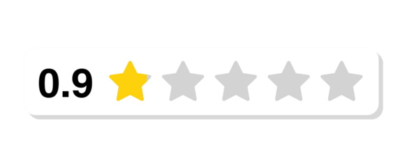 Rating bar with numeric label 0.9 in flat white rectangular design, very poor review feedback score showing 0.9 stars, PNG with transparent background