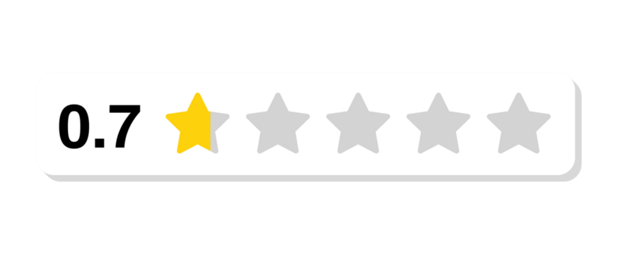 Rating bar with numeric label 0.7 in flat white rectangular style, customer review feedback score showing 0.7 stars, PNG with transparent background