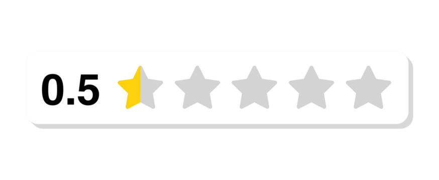Rating bar with numeric label 0.5 in flat white rectangular style, half star customer review feedback score for poor satisfaction, PNG with transparent background