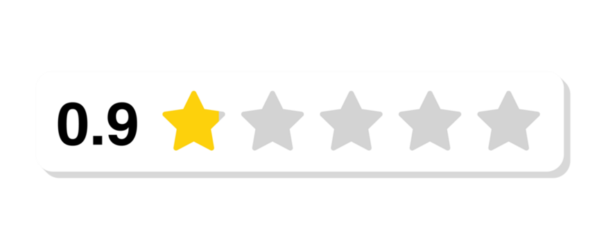Rating bar with numeric label 0.9 in flat white rectangular design, very poor review feedback score showing 0.9 stars, PNG with transparent background