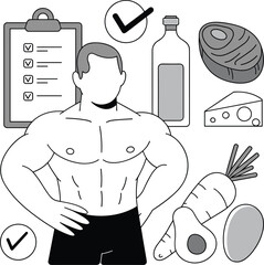 Healthy lifestyle, fitness motivation, balanced diet, nutrition plan, workout checklist, protein food, wellness tracking, gym goals, muscle building, flat vector illustration