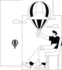 Hot air balloon, imagination concept, black and white, young dreamer, envisioning, holding balloon, seated figure, minimalist clouds, monochrome design, flat vector illustration