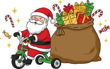 Cute Santa Claus riding green tricycle carrying large gift sack full of colorful presents and candies Christmas holiday vector illustration