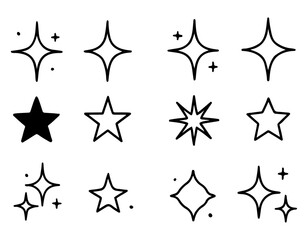 Vector collection of twelve hand drawn star and sparkle illustrations in black ink style