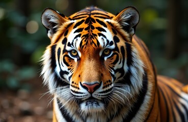 Majestic tiger with striking orange and black striped fur looking directly at the camera
