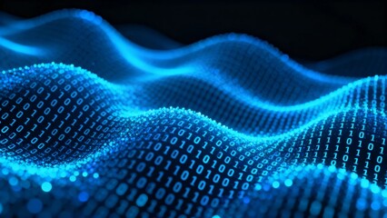 Digital wave pattern composed of binary code, symbolizing data flow and technology in a futuristic aesthetic.