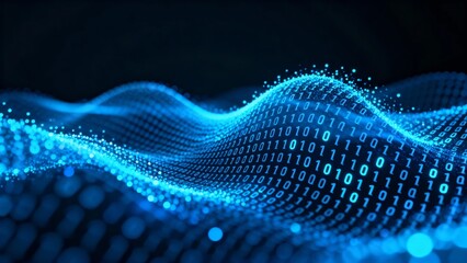 A digital wave of binary code flows across a dark background, creating an abstract representation of data and technology.
