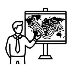 Business presentation with a world map and a man pointing at it.