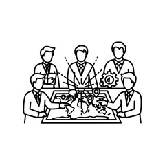 Business team meeting around a world map planning strategy and global expansion.